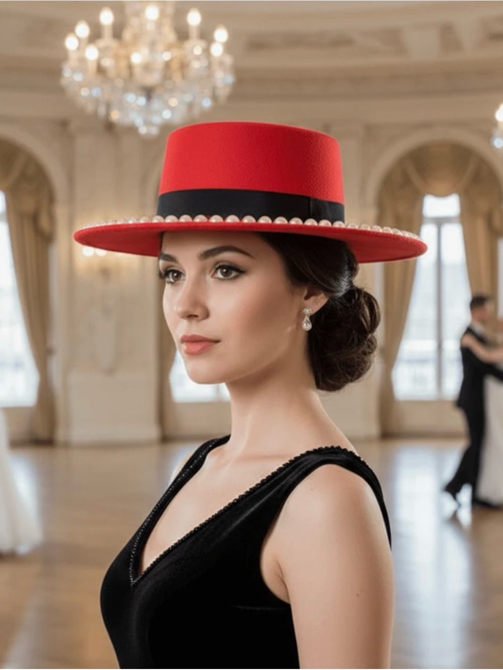 Elegant Red Women's Pearl-Trim Wide-Brim Hat